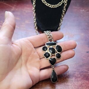 Elegant 28" Black and Silver Dangling  Pendant Necklace